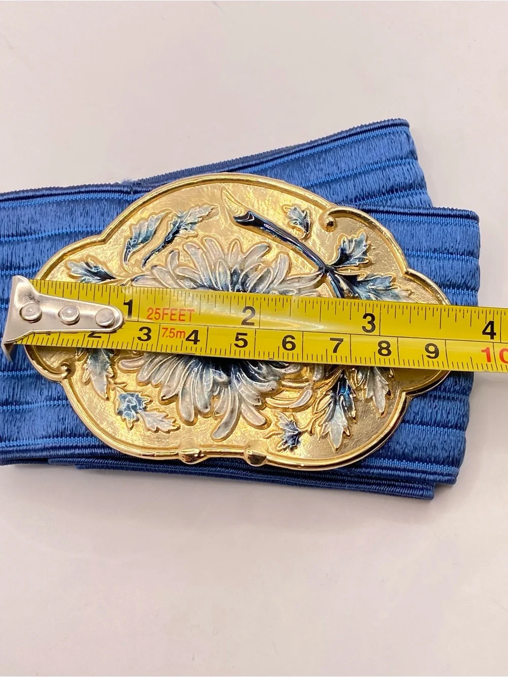 Vtg 80s Blue White Enamel Flower Belt Gold Interlocking Buckle Elastic Cinch